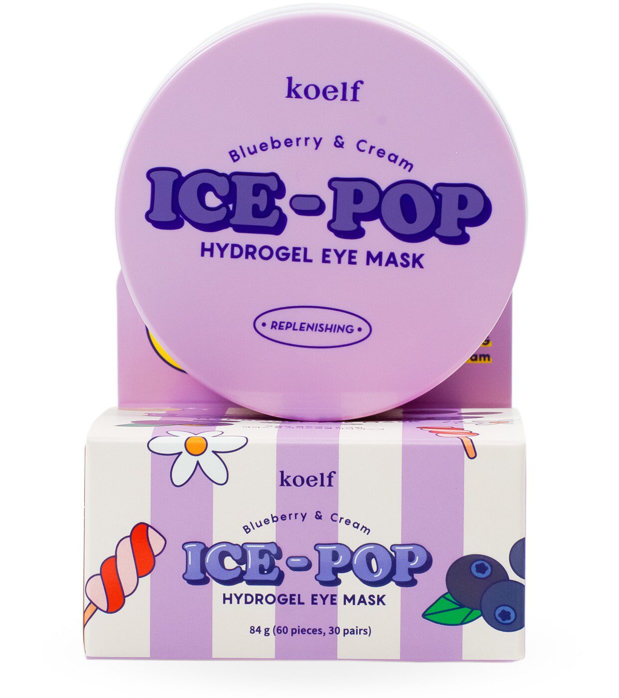 KOELF ICE-POP BLUEBERRY&CREAM HYDROGEL EYE MASK Гидрогелевые патчи для лица с черникой,60шт