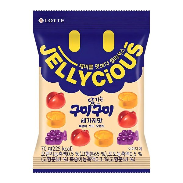 LOTTE Gummy Jelly Original - Жевательный мармелад 3 вкуса (персик, виноград, апельсин), 70g