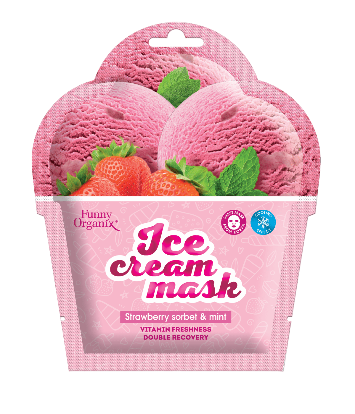 FUNNY ORGANIX Маска-мороженое для лица охлаждающая МОРОЗНАЯ СВЕЖЕСТЬ Strawberry Sorbet & Mint Ice