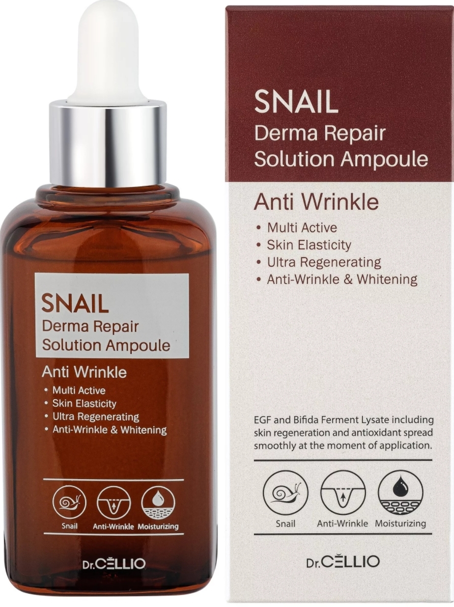 Dr.CELLIO Сыворотка для лица с муцином улитки/SNAIL DERMA REPAIR SOLUTION AMPOULE 50мл